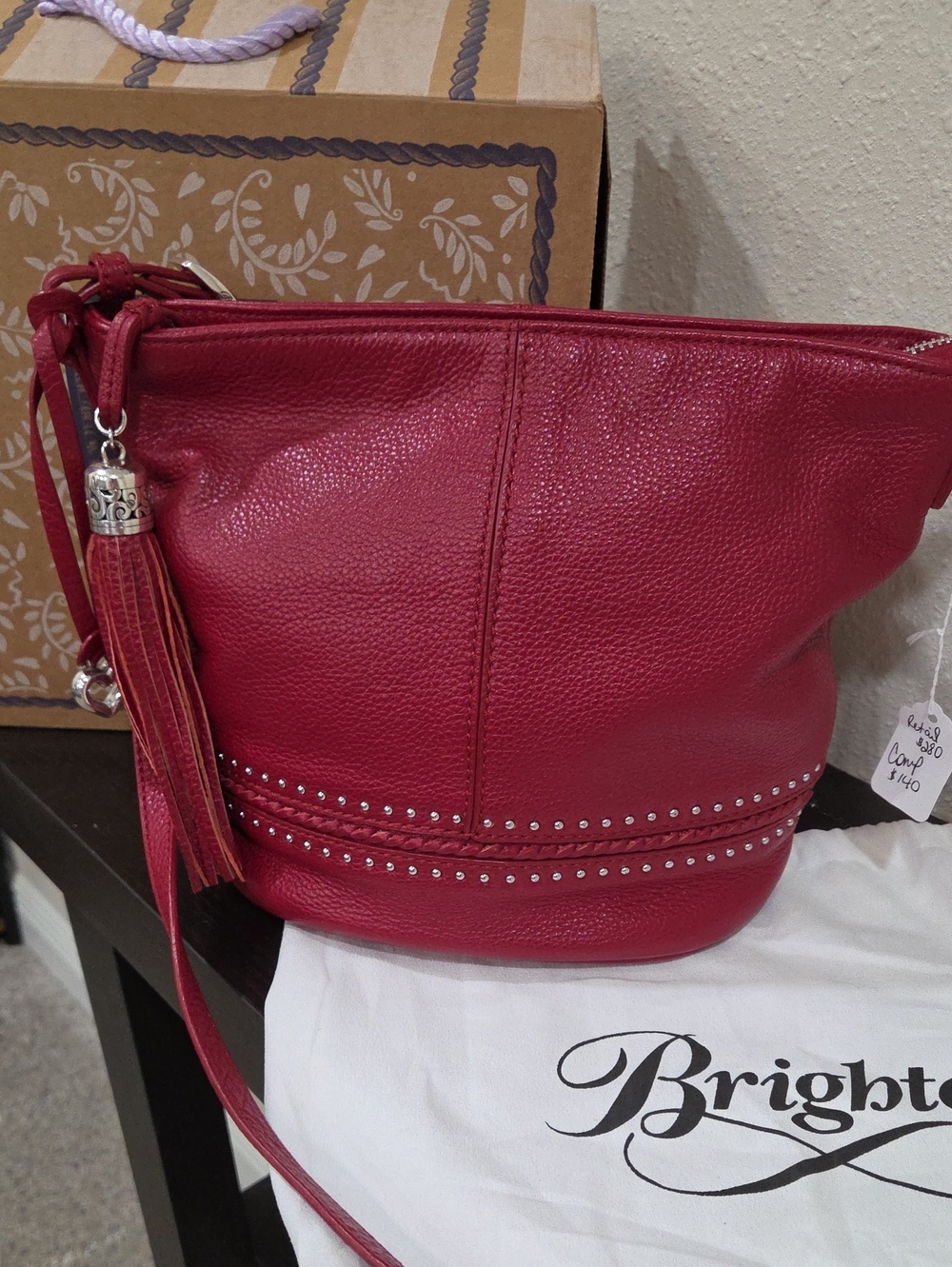Brighton Baby Jake Gorgeous Red Leather Shoulder Bag with Tassel And Box